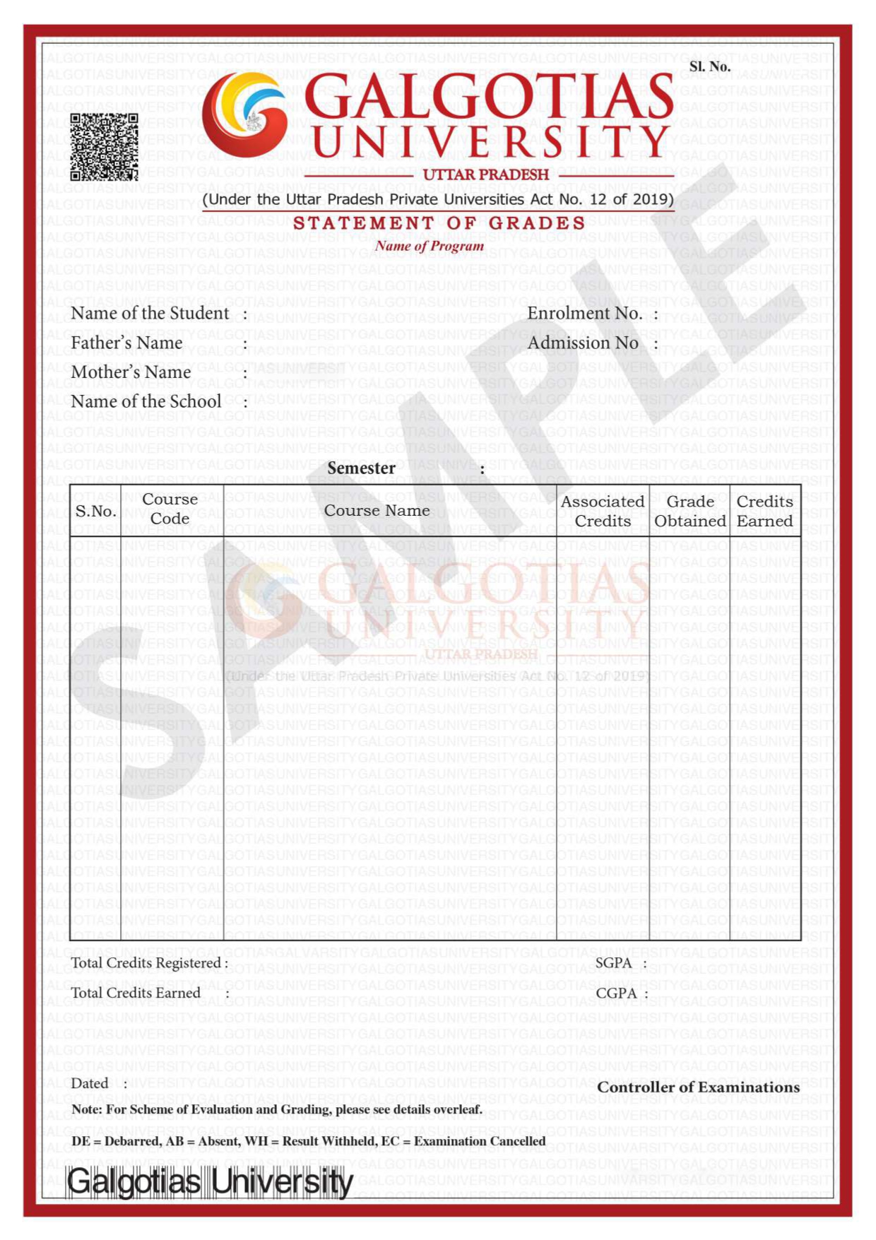 Galgotias Online M.Com marksheet sample
